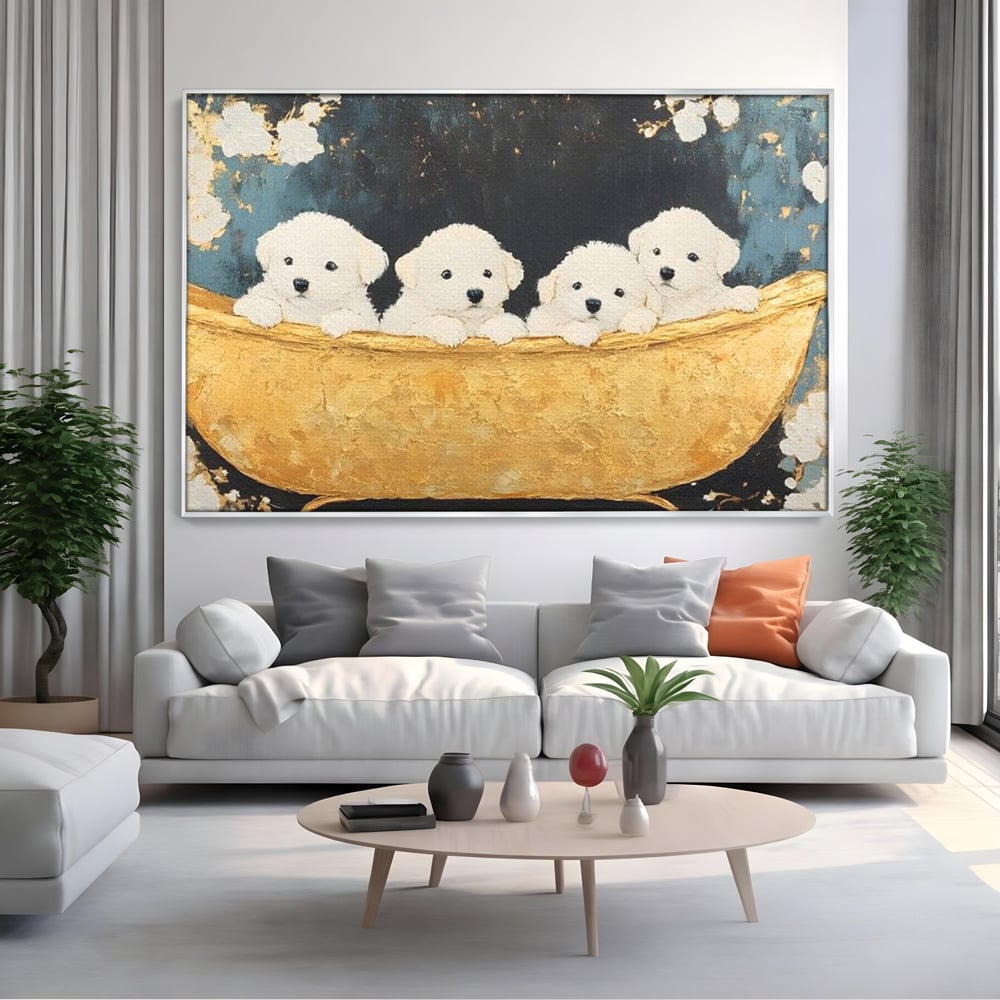 Tablou canvas cu tablou canvas cu catei in cada, in rama de aluminiu argintiu, pe perete intr-un living